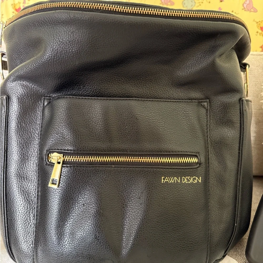 Fawn Design Black Leather Backpack with Gold Hardware